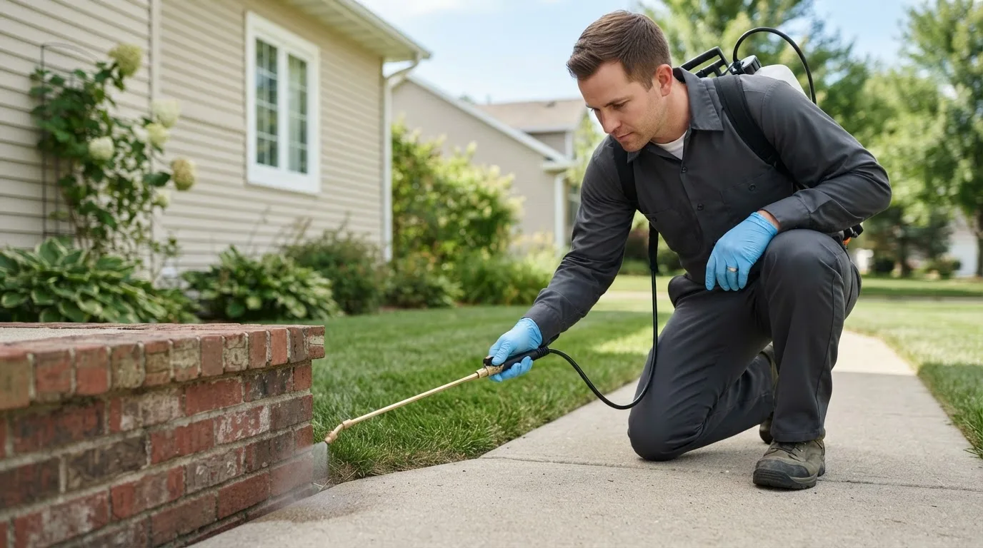 Pest control technician treating a home near Daisetta, TX